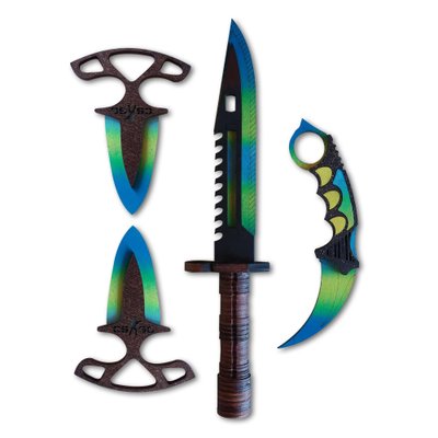 Набір дерев'яних ножів із ігри CS2 (CS:GO (Standoff 2) 4 шт. Керамбіт, Тичкові ножі, М9. Синій Градієнт. KS2134 фото