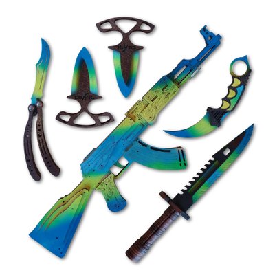 Набір дерев'яної зброї із ігри CS2 (CS:GO (Standoff 2) 6 шт. М9, Ніж Метелик, Керамбіт, Тичкові ножі, Автомат. Синій Градієнт. KS212348 фото