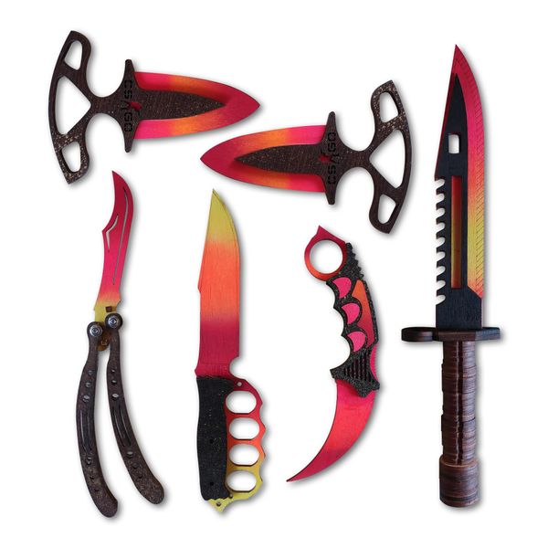 Набір дерев'яних ножів із CS2 (CS:GO (Standoff 2) 6 шт. Керамбіт, Ніж Метелик, Тичкові Ножі, М9, Кастет. Червоний Градієнт. KS312345 фото